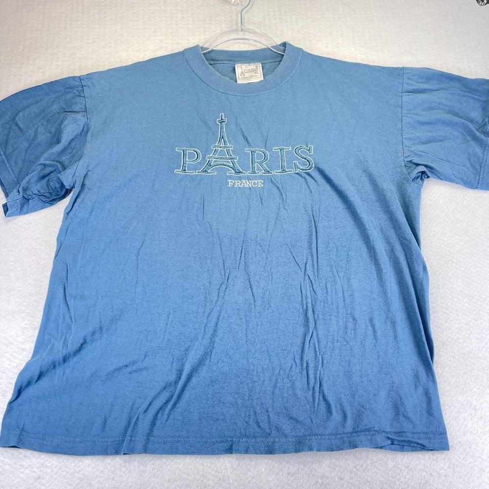 ENERGY Paris Womens XL Blue Graphic T Shirt Top Embroidered Eiffel Tower